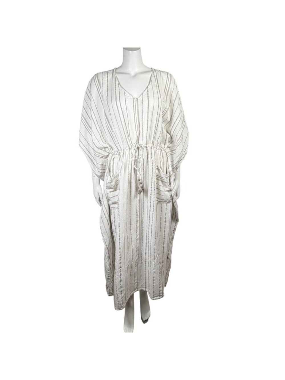 World Market Striped 100% Cotton Kaftan Dress One Size Pockets Adjustable Waist